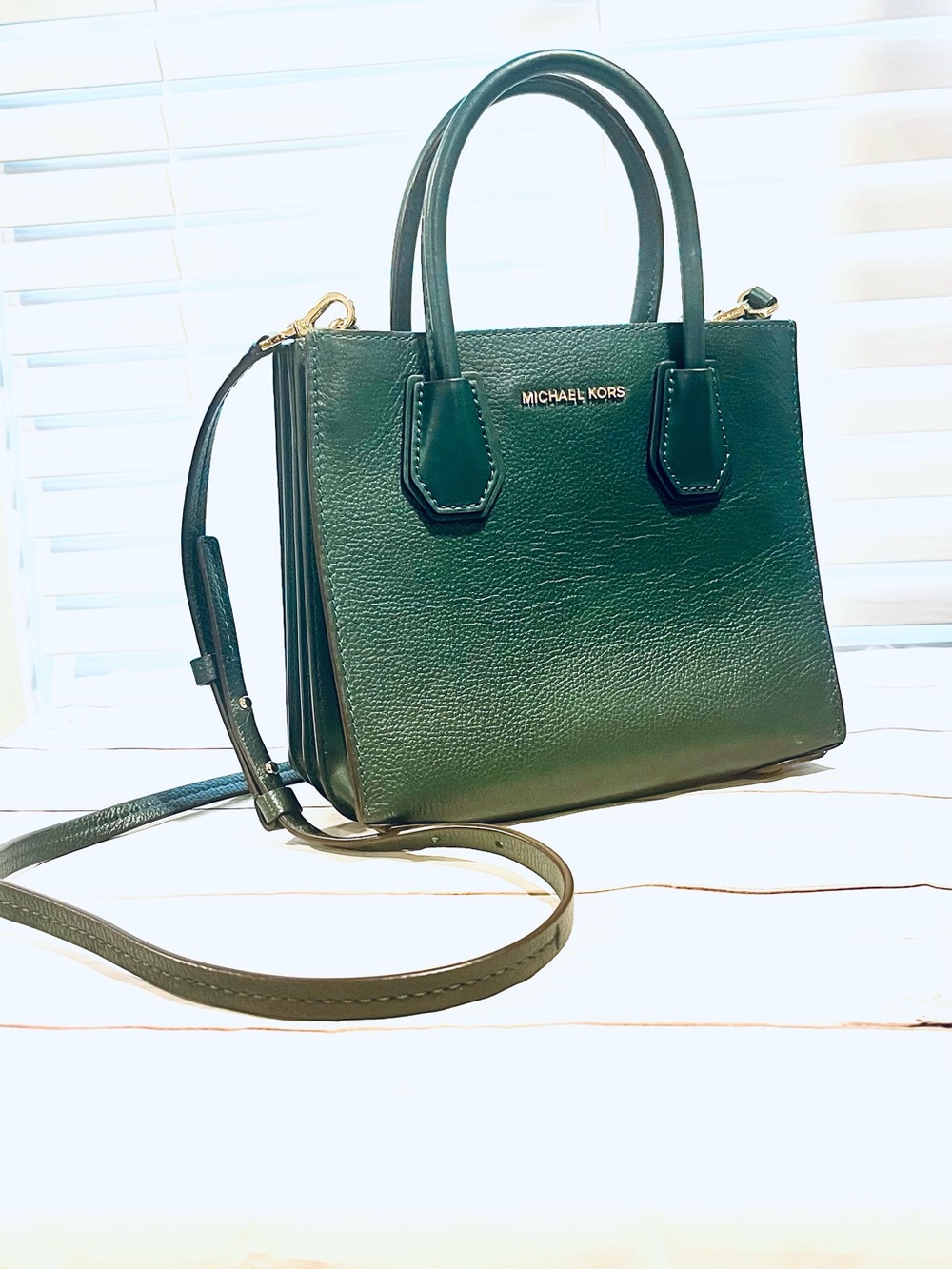 MK Style  Hunter Green Structured Satchel Crossbody Bag Pebbled Leather Purse